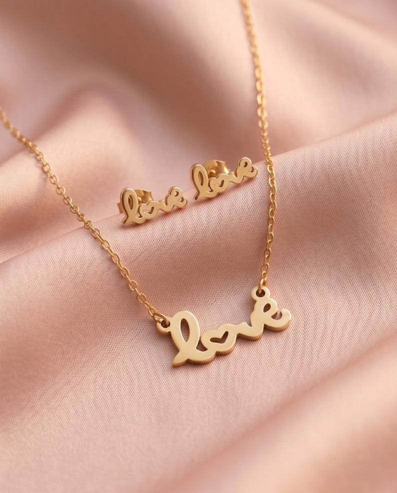 Love Necklace & Earrings Set, Gold - additional view