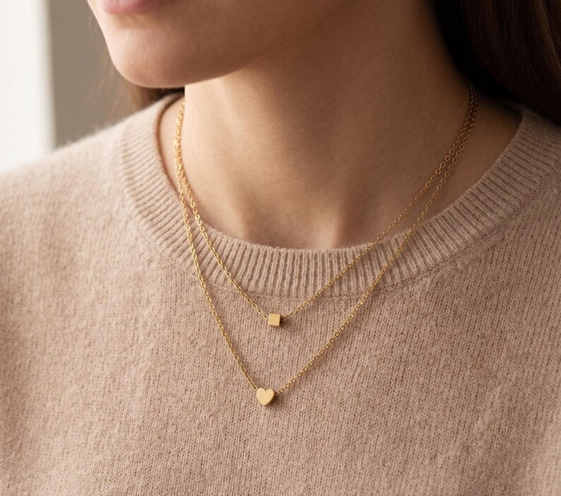 Layered Gold Heart Necklace & Earrings Set - worn on model