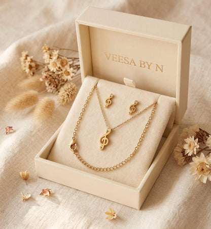 Treble Clef Necklace & Earrings Set, Gold - earrings detail