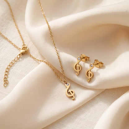 Treble Clef Necklace & Earrings Set, Gold - front view