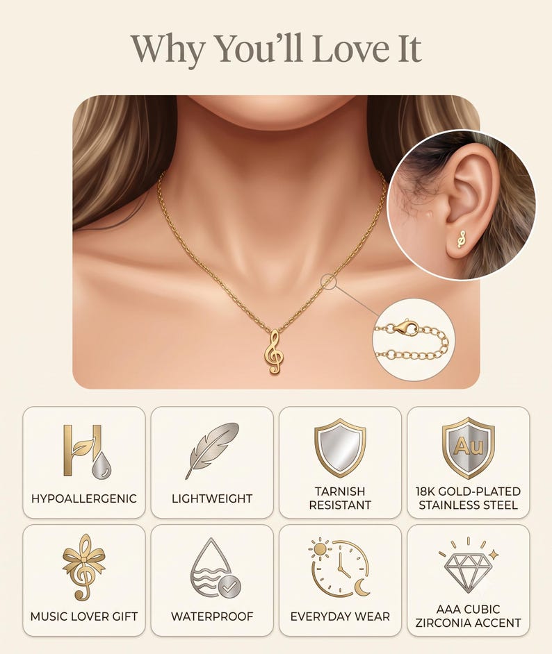 Treble Clef Necklace & Earrings Set, Gold - additional view