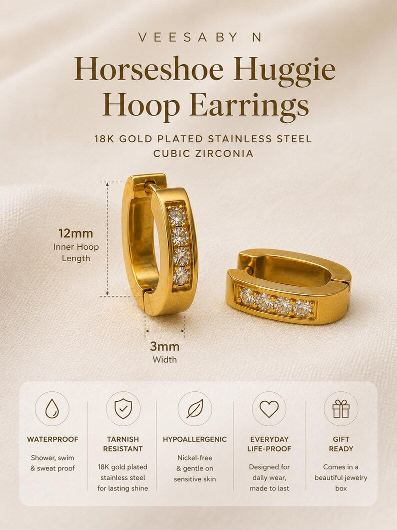 Gold horseshoe huggie hoop earrings styled