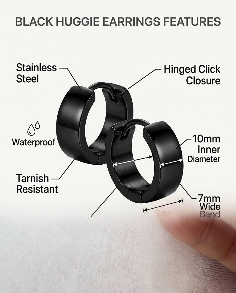 Black stainless steel huggie hoop earrings size reference