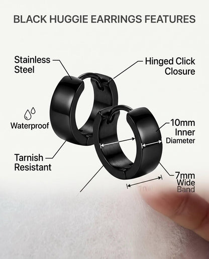 Black stainless steel huggie hoop earrings size reference