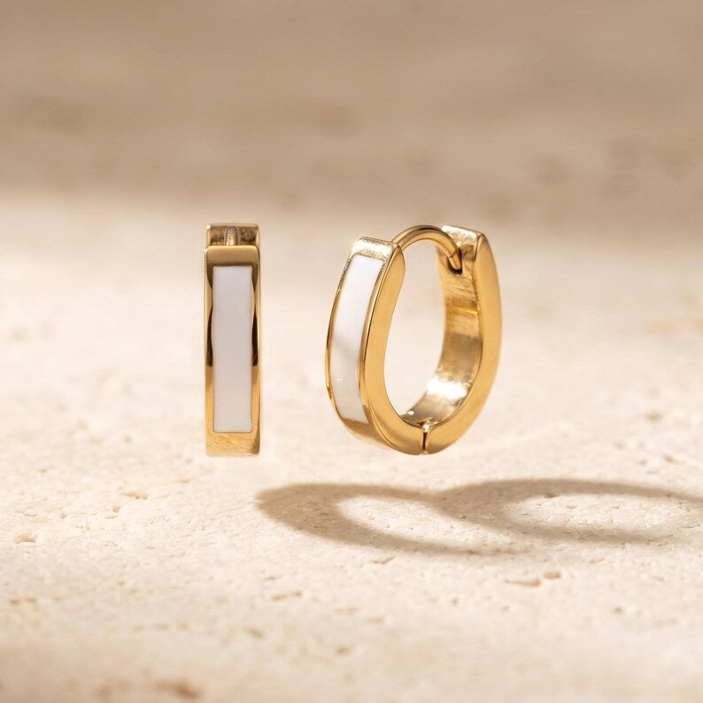 White Enamel Huggie Hoop Earrings, Gold - main