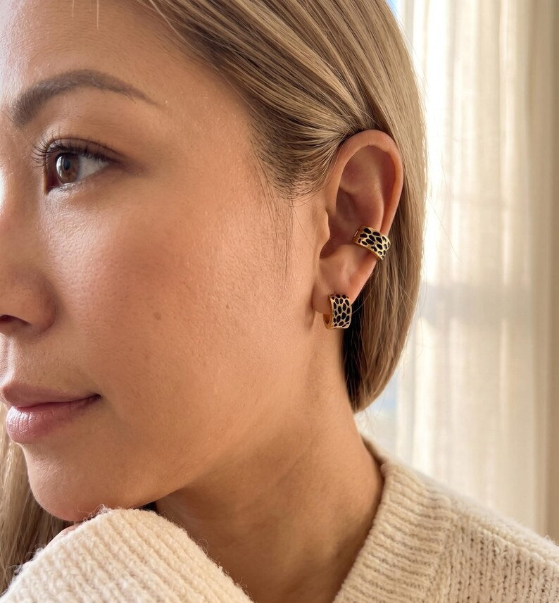 Gold Animal Print Huggie Hoop Earrings - detail