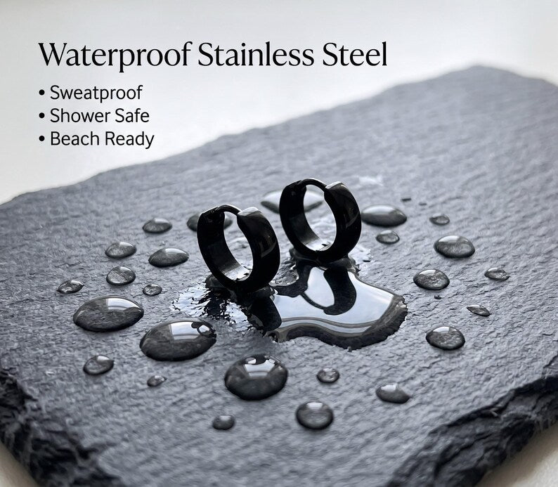 Black Stainless Steel Huggie Hoop Earrings, Unisex - detail