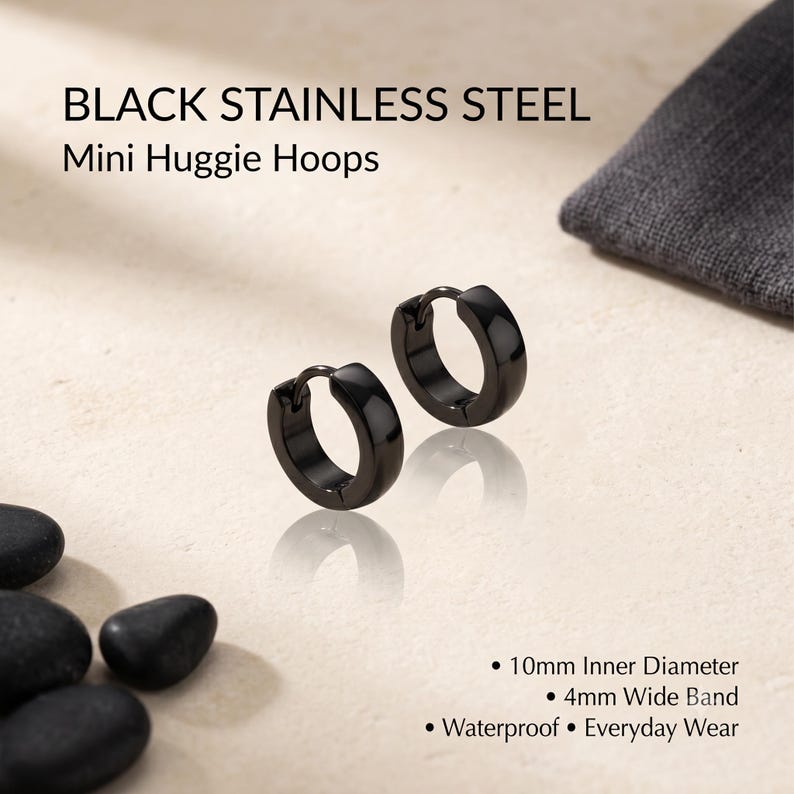 Black Stainless Steel Huggie Hoop Earrings, Unisex - main