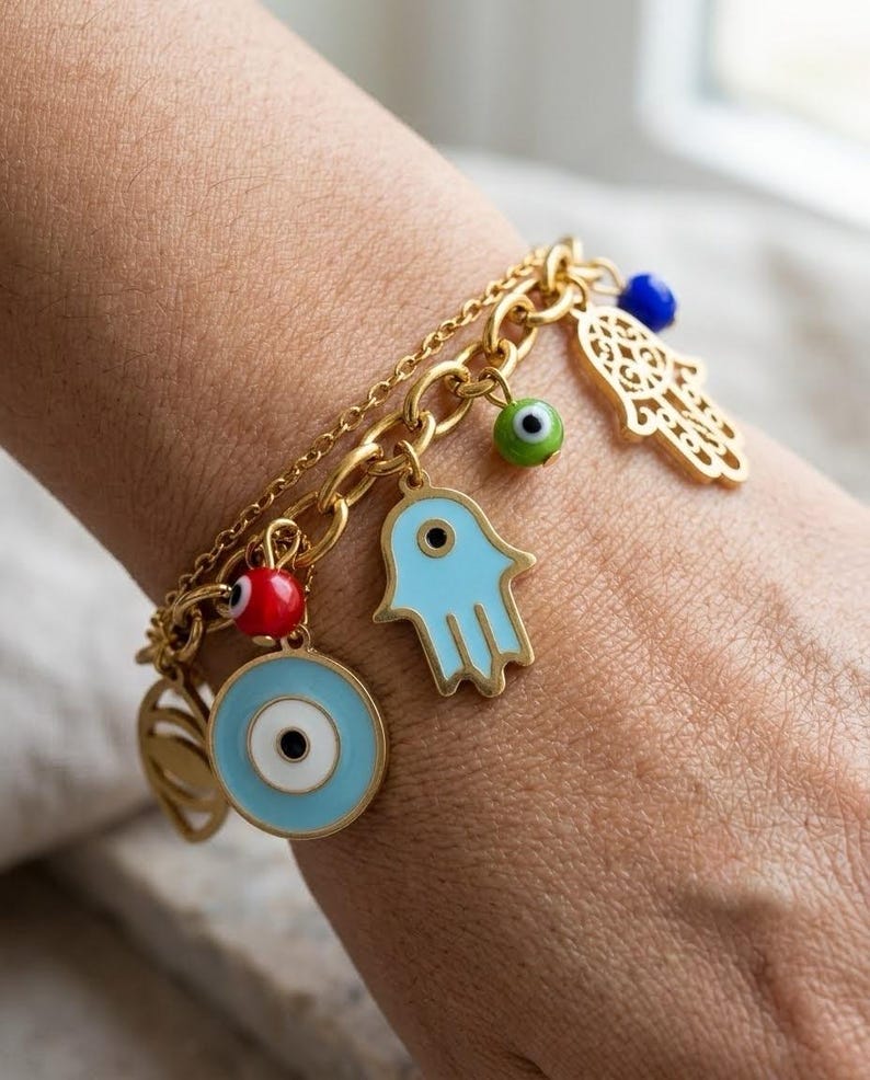 18K Gold Plated Evil Eye Hamsa Charm Bracelet image 3