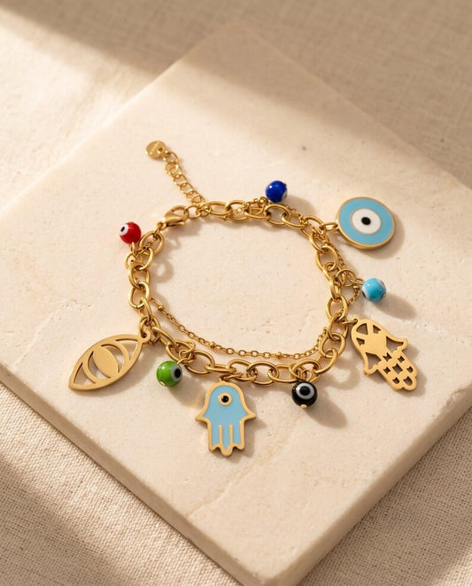 18K Gold Plated Evil Eye Hamsa Charm Bracelet image 1