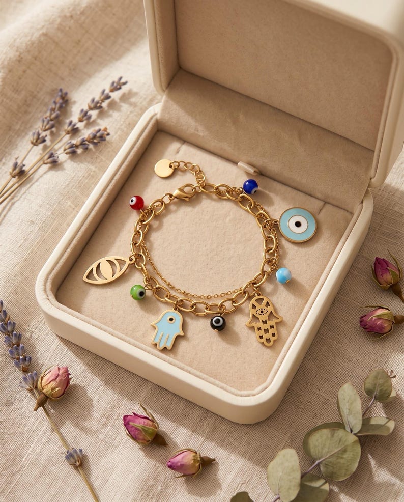 18K Gold Plated Evil Eye Hamsa Charm Bracelet image 10