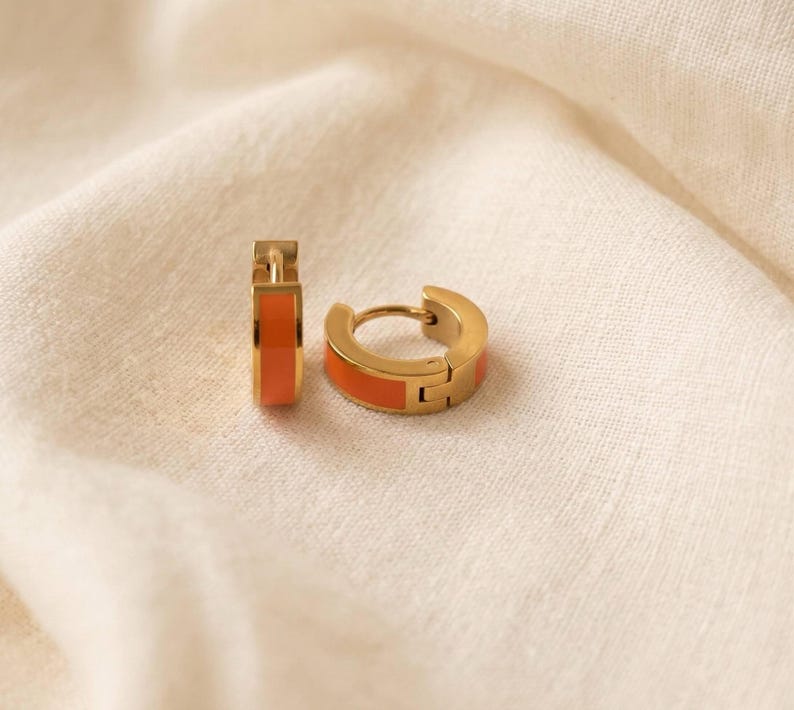 Orange enamel huggie hoop earrings