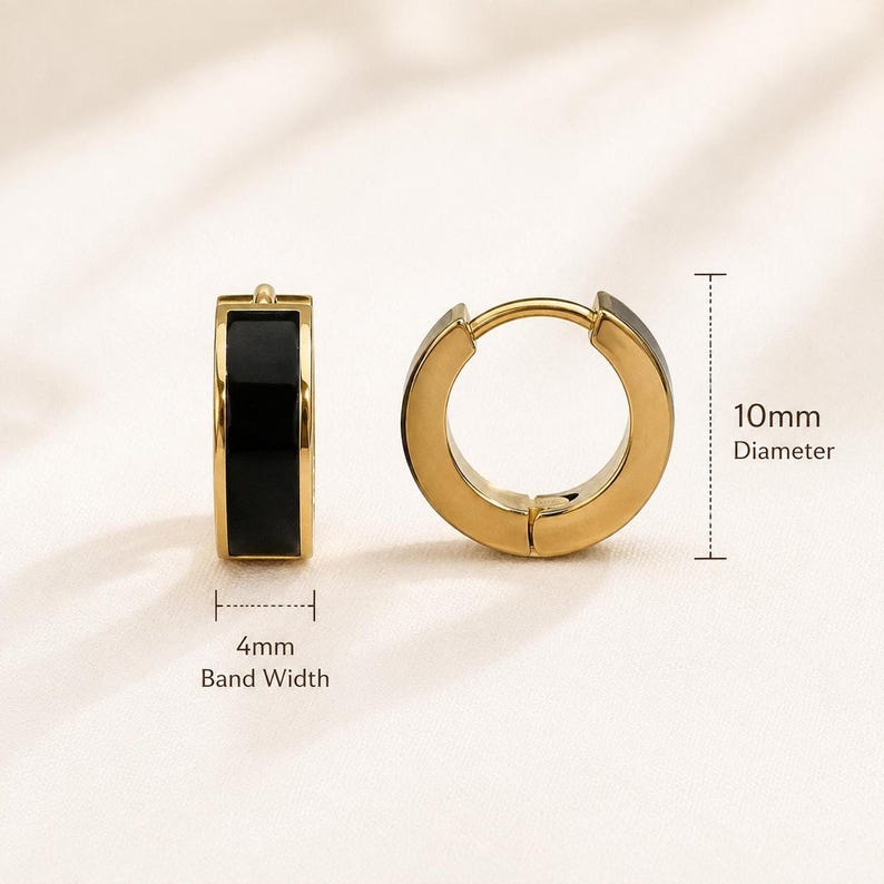 Black enamel huggie hoop earrings with measurements