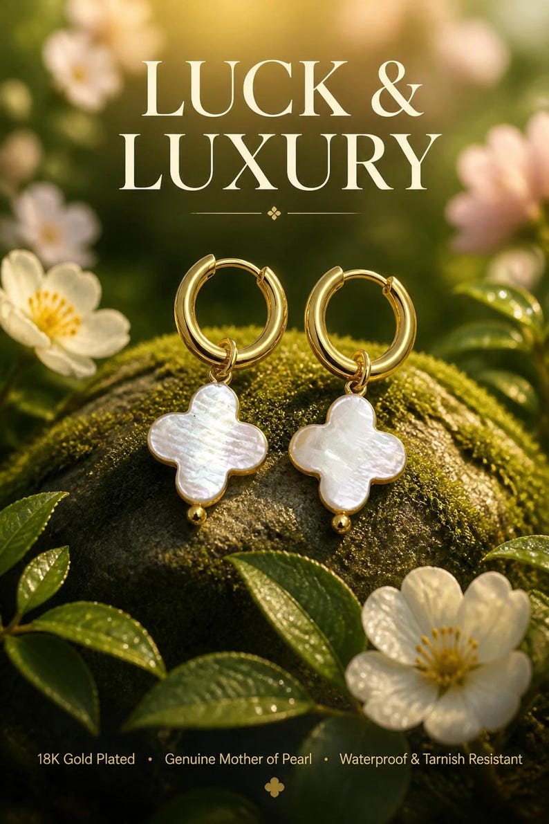 Mother of Pearl clover earrings on mossy rock