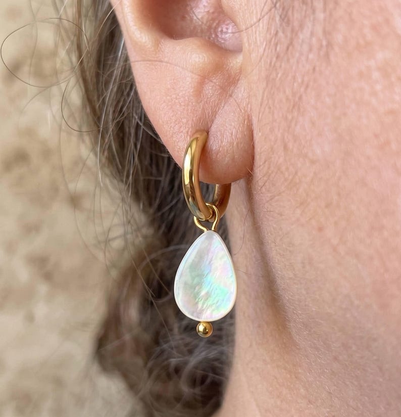 Close up of teardrop Mother of Pearl charm earring