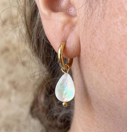 Close up of teardrop Mother of Pearl charm earring