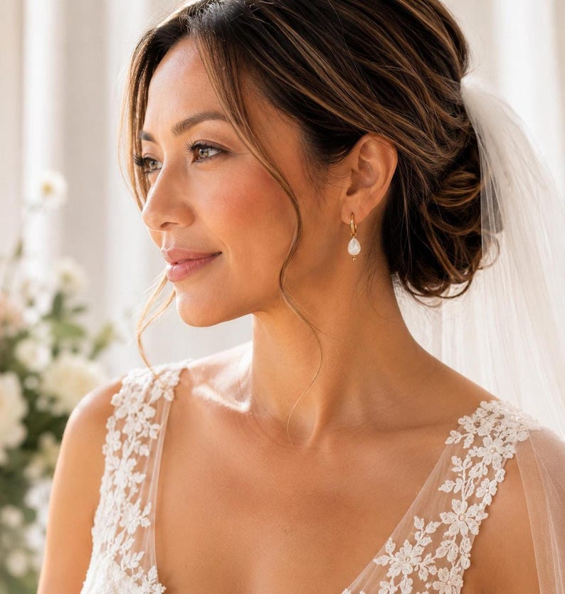 Bride wearing Mother of Pearl charm earring