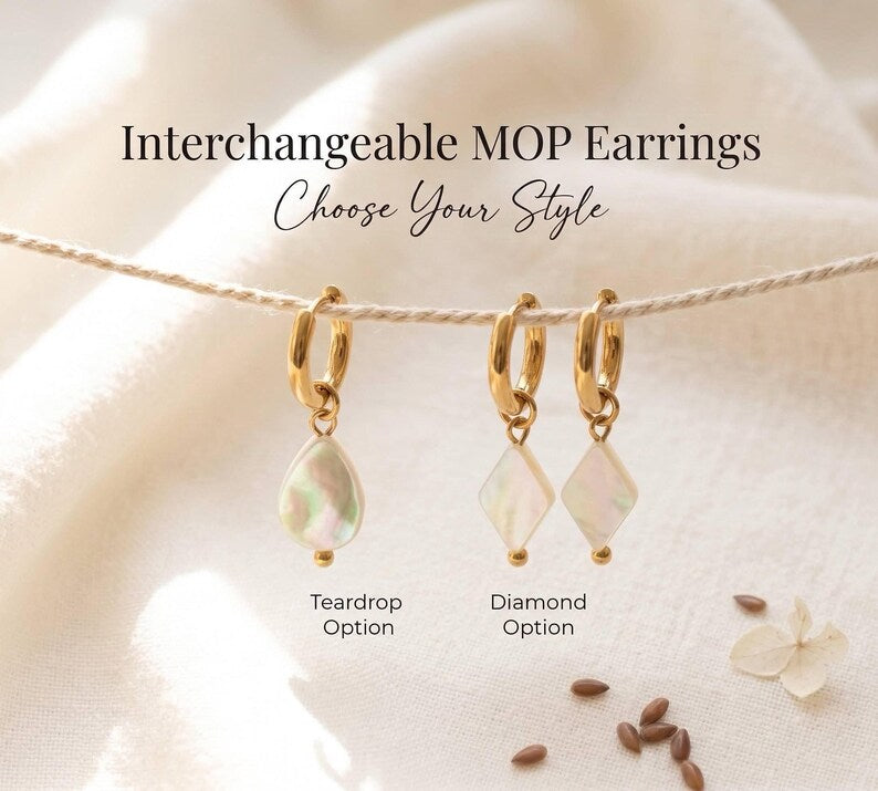 Interchangeable MOP earrings teardrop and diamond charms
