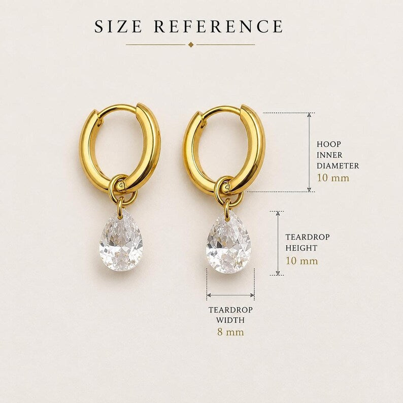 Gold huggie earrings with CZ teardrop charm dimensions