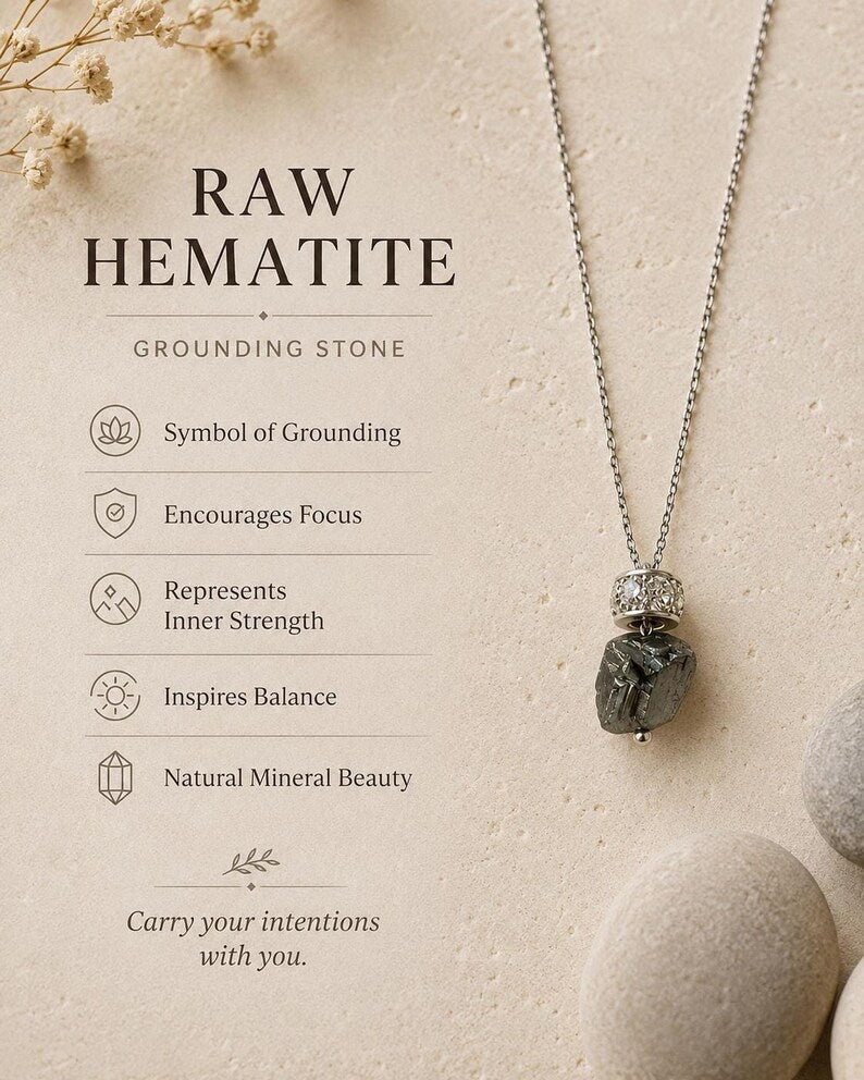 Raw hematite pendant necklace feature graphic