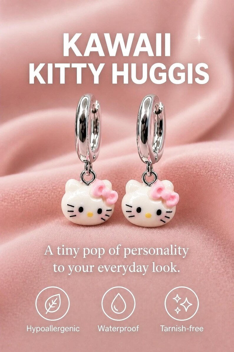 Kitty charm huggie hoop earrings promotional graphic