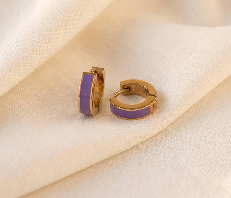 Purple enamel huggie hoop earrings