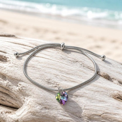 Snake chain anklet with crystal heart on driftwood