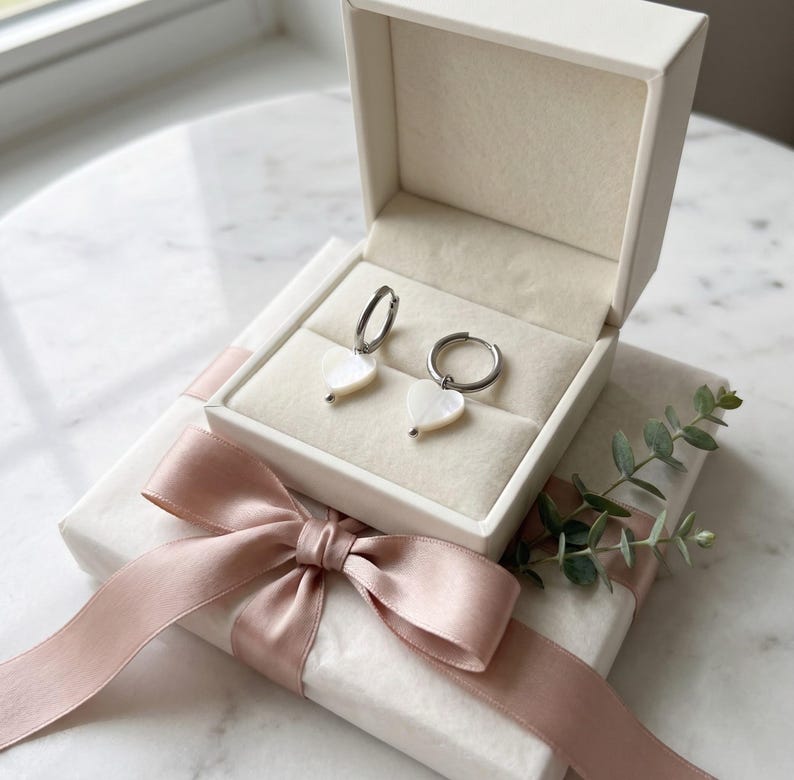 Mother of Pearl heart earrings gift packaging
