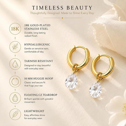 Gold huggie earrings with CZ teardrop charm feature graphic