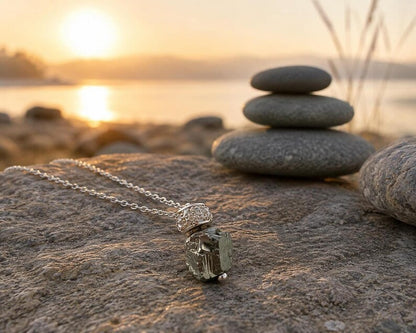 Raw hematite pendant necklace on rock with sunset