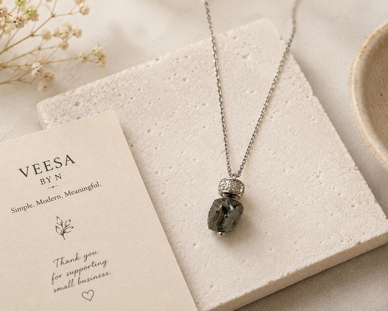 Raw hematite pendant necklace with VEESA BY N thank you card