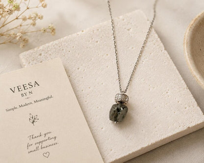 Raw hematite pendant necklace with VEESA BY N thank you card