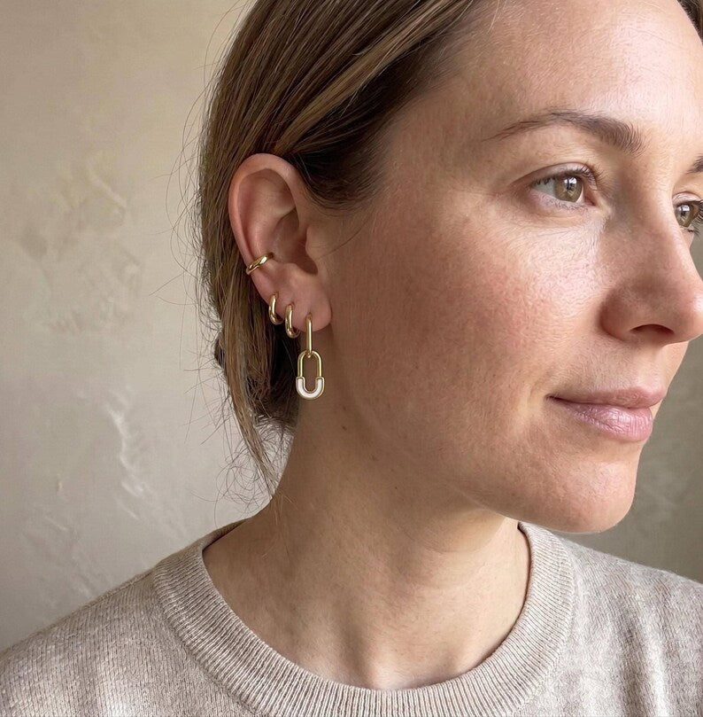 Ear stack with gold safety pin huggie hoop earring