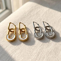 Safety Pin Huggie Hoop Earrings with Mother of Pearl Inlay, Gold and Silver