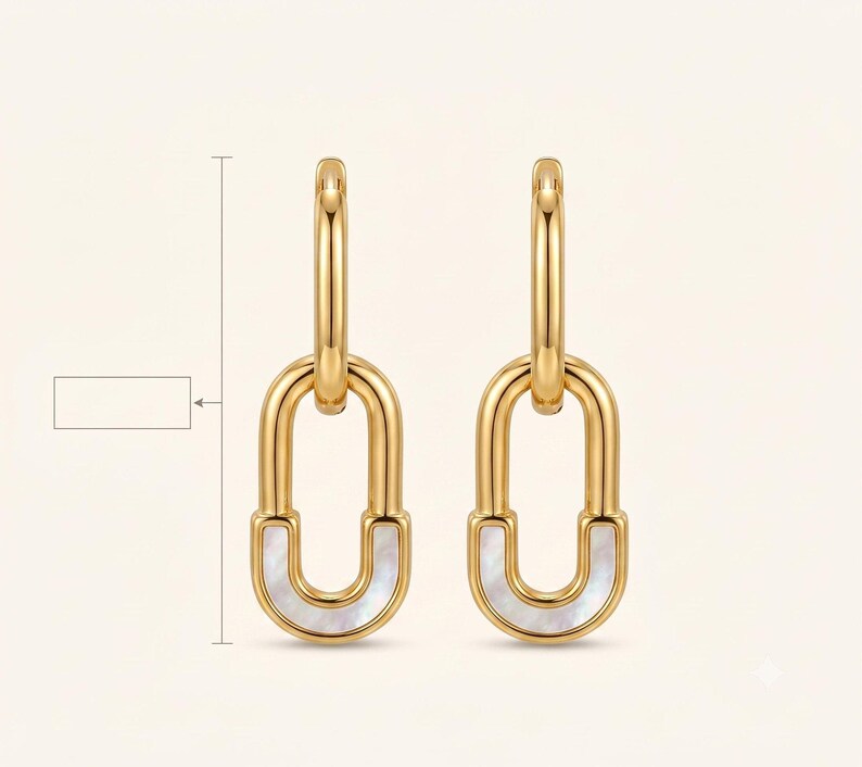 Gold safety pin huggie hoop earrings with size measurements