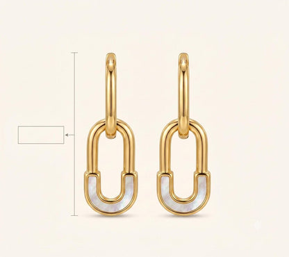 Gold safety pin huggie hoop earrings with size measurements