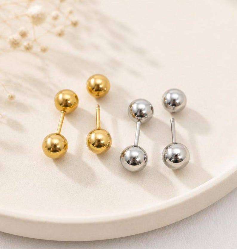 18K Gold-Plated Ball Stud Earrings, 8mm double-sided screw back