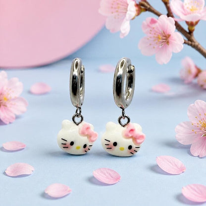 Kitty charm earrings with cherry blossom flowers