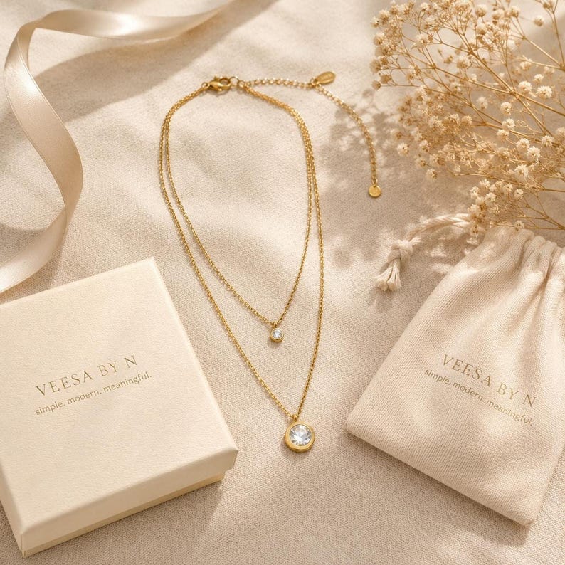 Layered gold CZ necklace with gift box