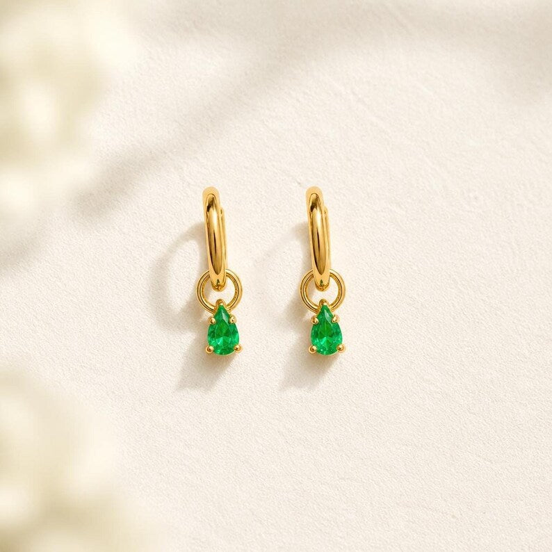 Green emerald CZ huggie hoop earrings