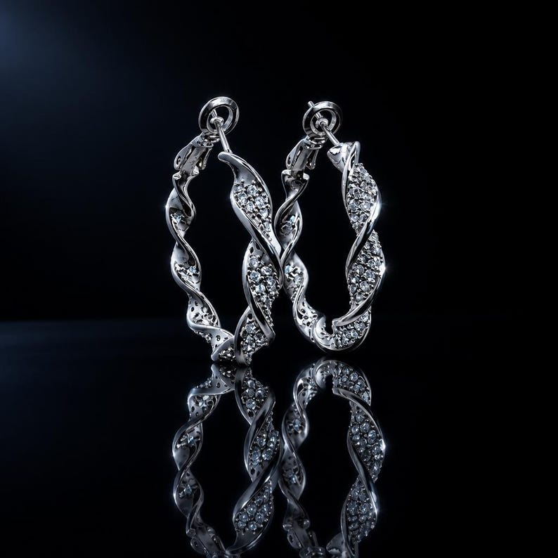 Twisted crystal pave hoop earrings studio shot