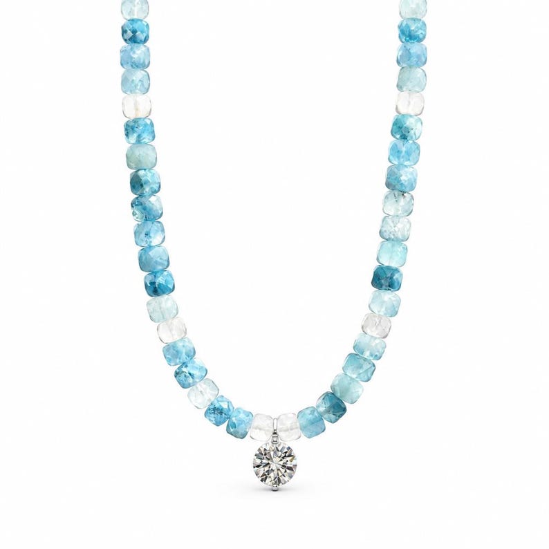 Full length view of beaded gemstone necklace