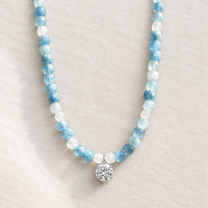 Aquamarine moonstone necklace with moissanite center stone