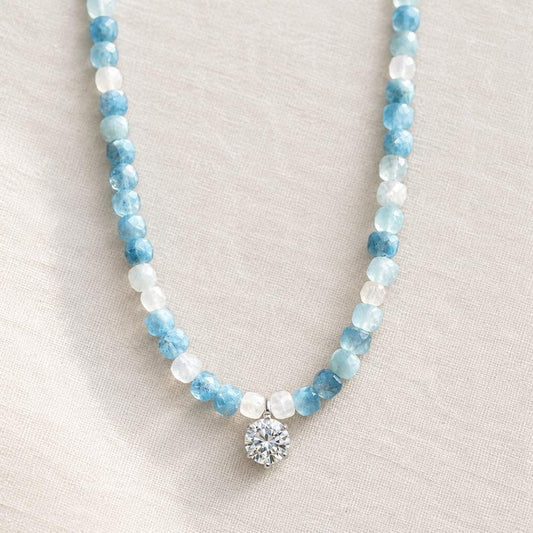 Aquamarine moonstone necklace with moissanite center stone