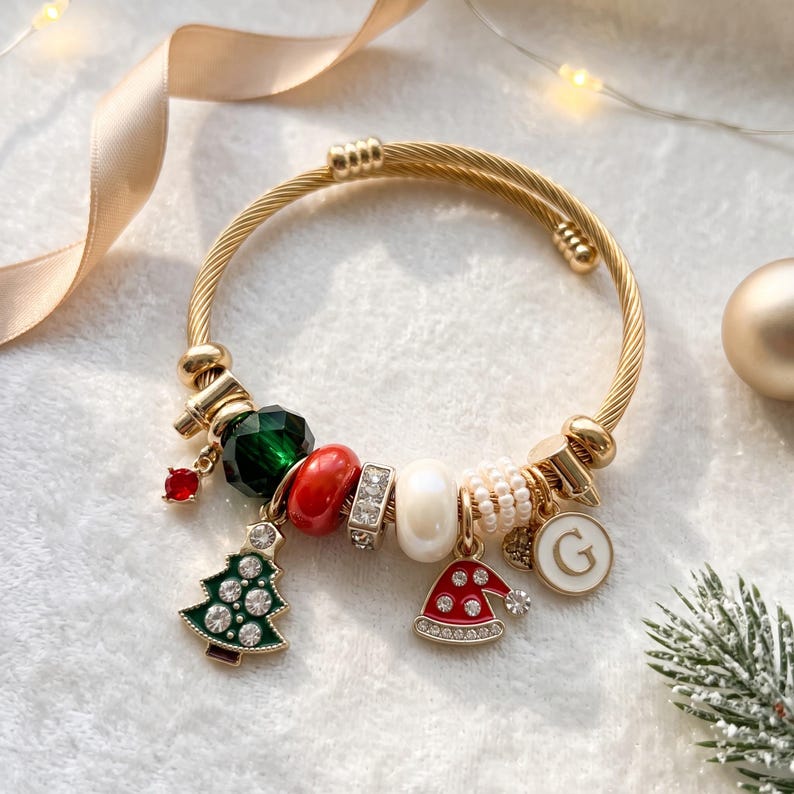 Twisted cable Christmas charm bracelet with initial charm