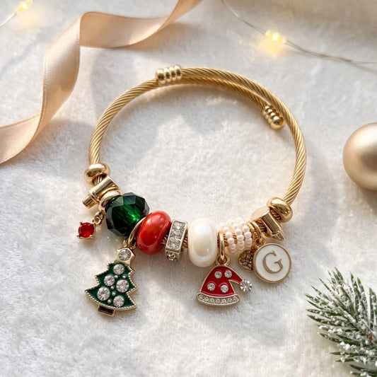 Twisted cable Christmas charm bracelet with initial charm