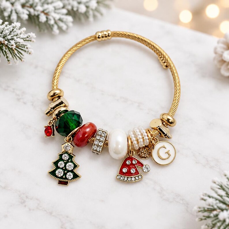 Christmas charm bracelet laid flat showing full design