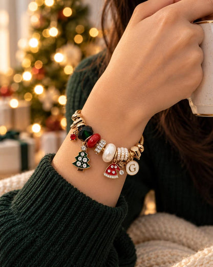 Christmas charm bracelet worn on wrist