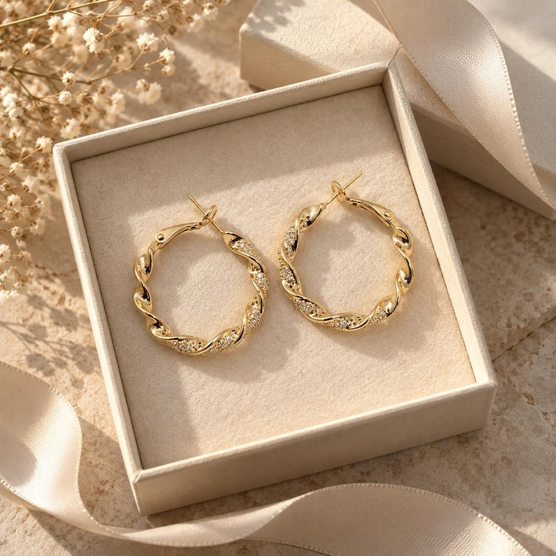 Twisted crystal pave hoop earrings final detail shot