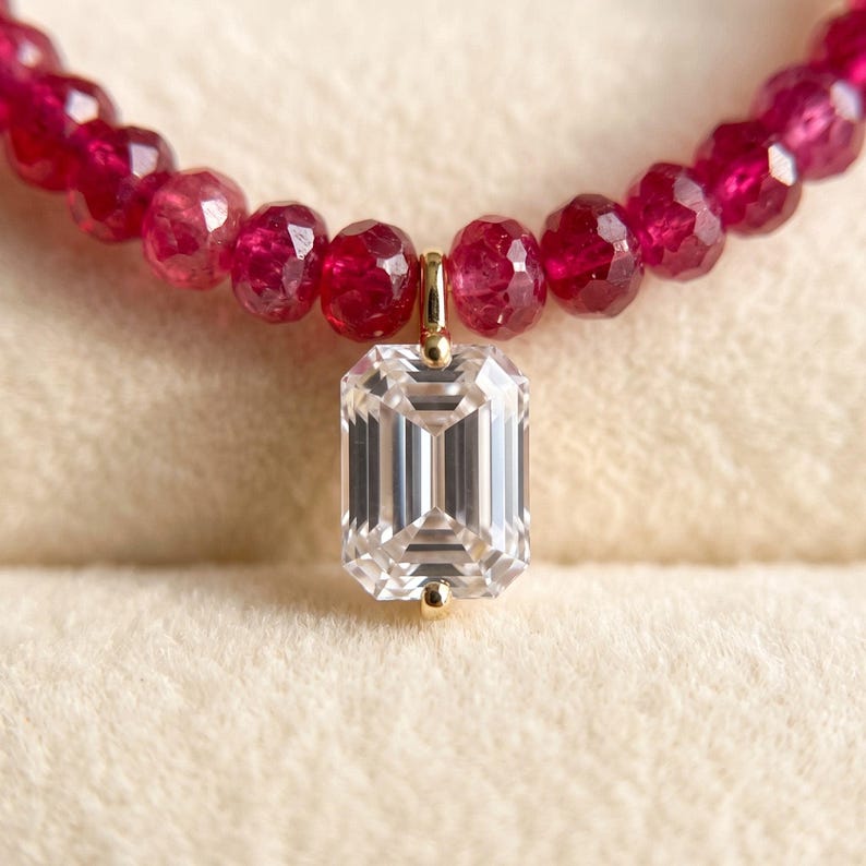 Macro view of moissanite pendant with gold bail